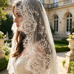 Off White Mantilla Style Wedding Bridal Veils Lace Chapel Catholic Vintage Long Accessories For Brides Soft Floral Flowers 3M