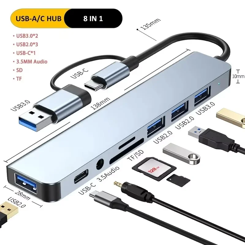 

Type C Hub USB Splitter 8 In 1 USB Extender USB Multiport Adapter USB-C Port TF/SD Card Reader Audio Output For MacBook Computer