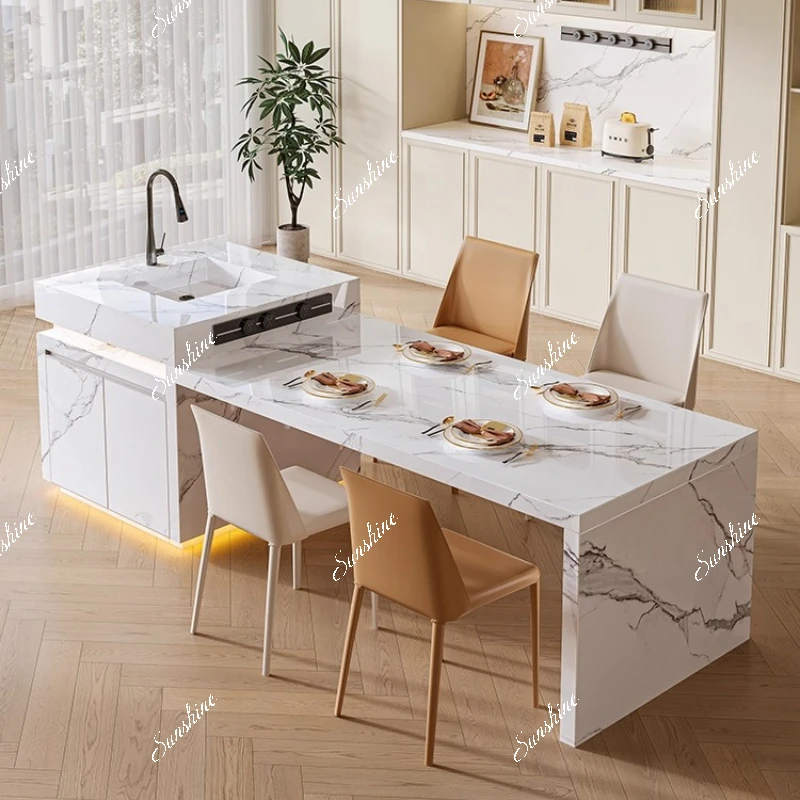 

Light luxury medieval rock slab island dining table integrated household multi-functional mid-guide platform