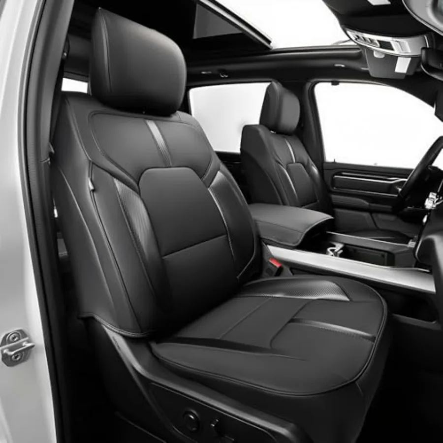 

Чехлы на сиденья для Dodge Ram 1500 Crew Cab 2019-2026 (5-е поколение), полный комплект из натуральной кожи, черные, премиум-защита для Big Horn/Lone.