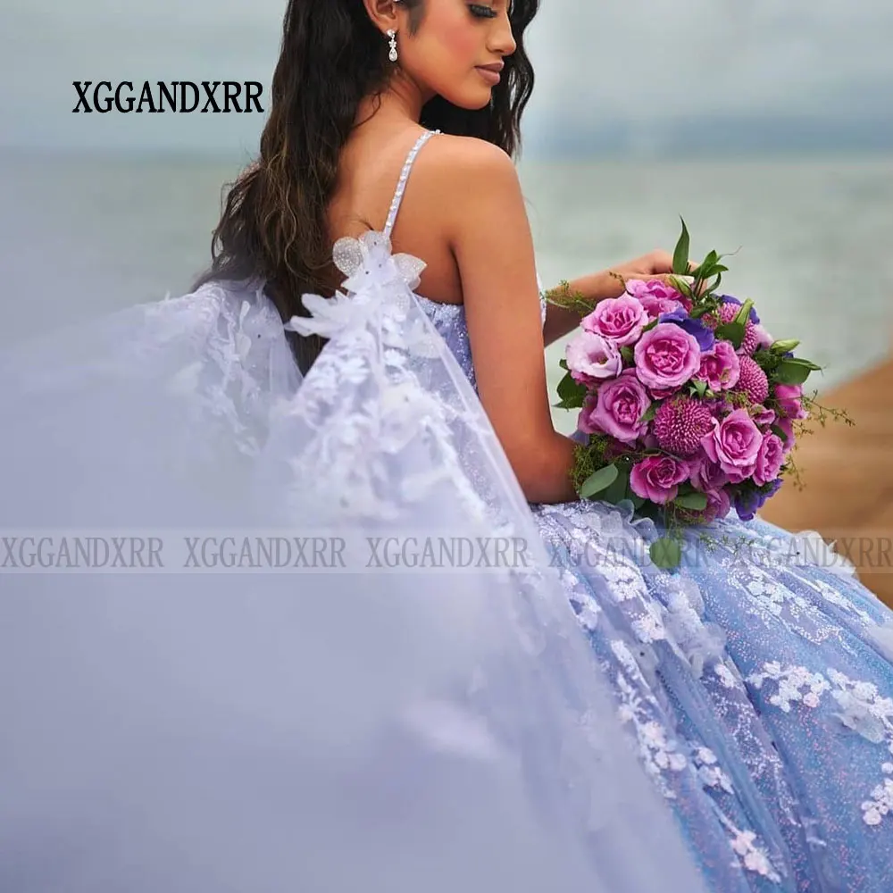 Vestido De quinceañera azul con estampado Floral 3D, traje De Baile De Princesa con lentejuelas, mariposa, 15 Años, con capa, 2024