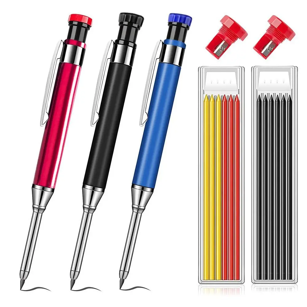 2.8mm Woodworking Pencil Deep Hole Marking Long Head Mechanical Pencil Metal Built-in Sharpener Solid Carpenter Pencil
