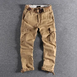 Heavyweight Camouflage Pants Men Clothing Multi-pockets Solid Color Patchworked Outdoor Trousers Retro Cargo Casual Wear Jogger