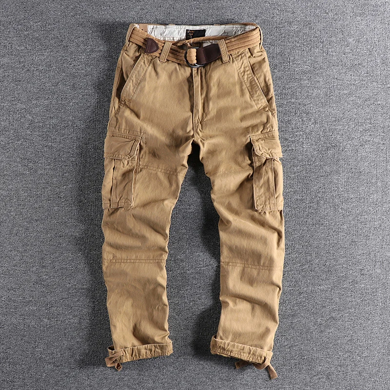 Heavyweight Camouflage Pants Men Clothing Multi-pockets Solid Color Patchworked Outdoor Trousers Retro Cargo Casual Wear Jogger