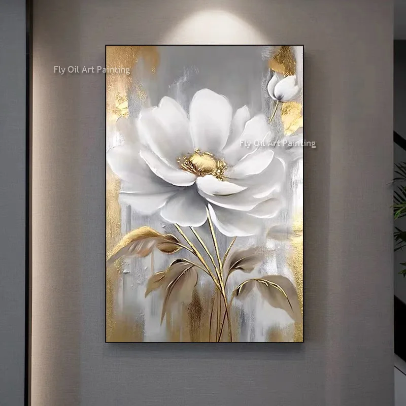 

Желтое золото и белые листья Толстая картина маслом на холсте Ручная работа Золотые серые цветы Холст Настенное искусство Золотая фольга Декор произведения искусства