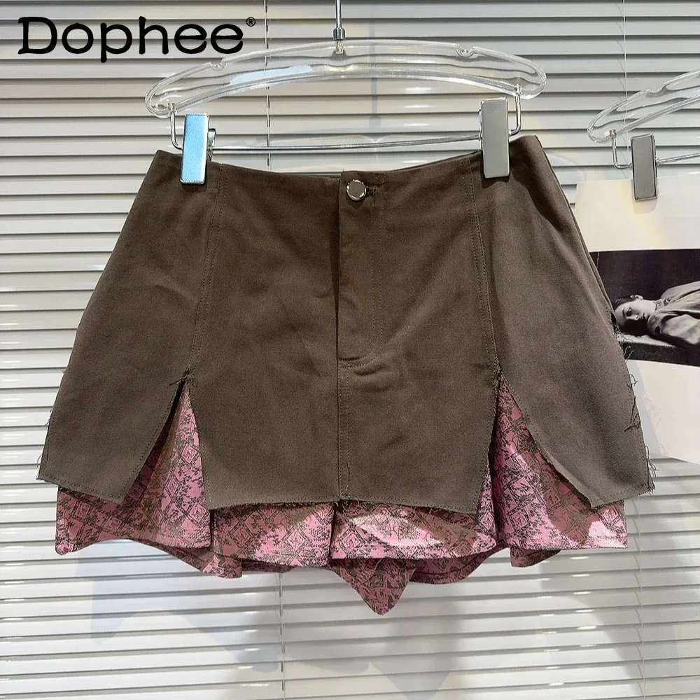 American Style Sexy Girl Short Skirts A-shaped Skirt 2024 Autumn New Printing Color Matching Brown Splicing Skirt Y2k Skirt