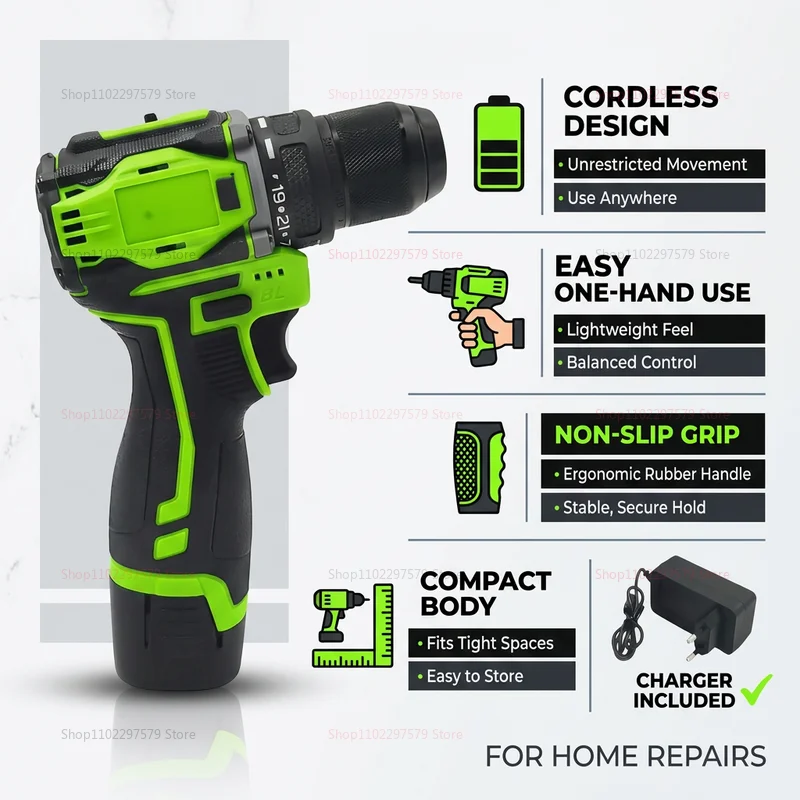 2in1 Lithium Cordless Drill and Electric Screwdriver Brushless Motor 45Nm Torque Home DIY and Professional Power Tool Great