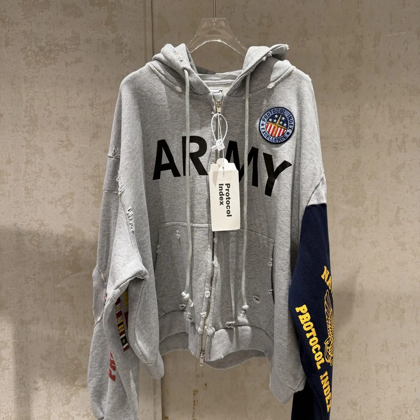 

Protocol Index Project G/R distressed splicing zip hooded sweatshirt