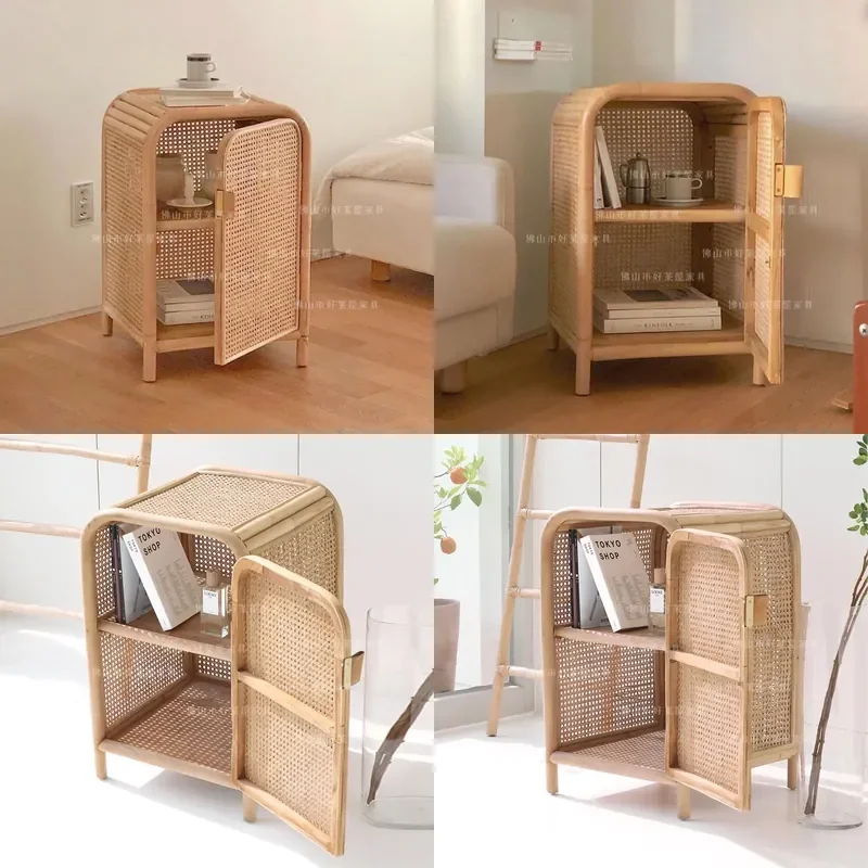 Japanese Rattan Nightstand Small Side Table Minimalist Storage Cabinet for Bedroom Living Room Home Decor