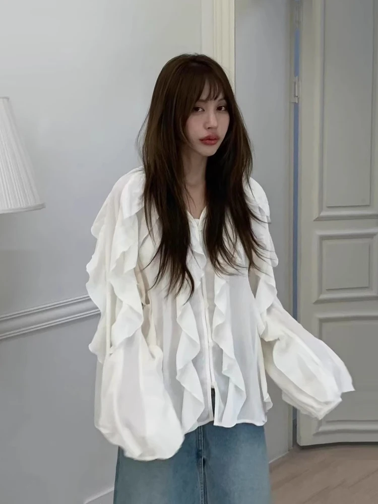 

Korean Chic Autumn New Niche Design Multi-layer Ruffle Edge Splicing Chic Puff Sleeve Shirt for Women
