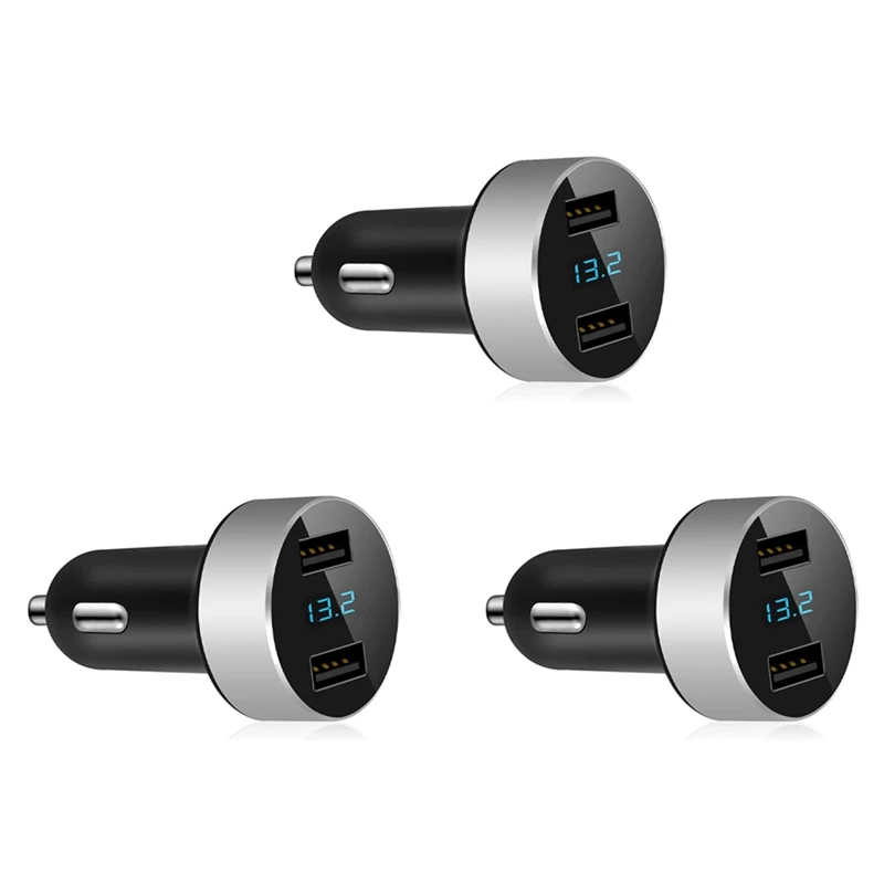 

3X Dual USB Car Charger, 4.8A Output Car Adapter, Cigarette-Lighter Voltage Meter For Iphone,Ipad,Samsung,LG, Etc,Silver