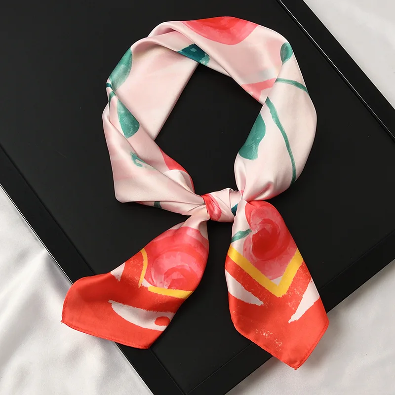 Women Satin Silk Scarf Square Print Wrap Foulard Femme Handkerchief Bandana Neck Hair Skinny Tie Scarves Shawls 70x70cm