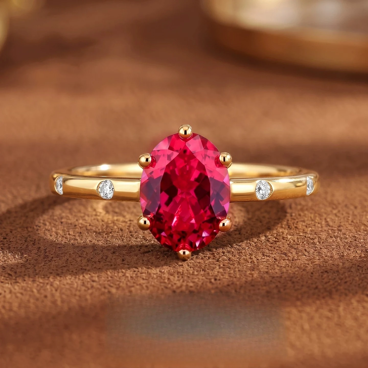 925 Sterling Silver Gold Plated Ring 6*8mm Oval Red Zircon Six Prong Setting Side Accent Stone Minimal Women Finger Jewelry