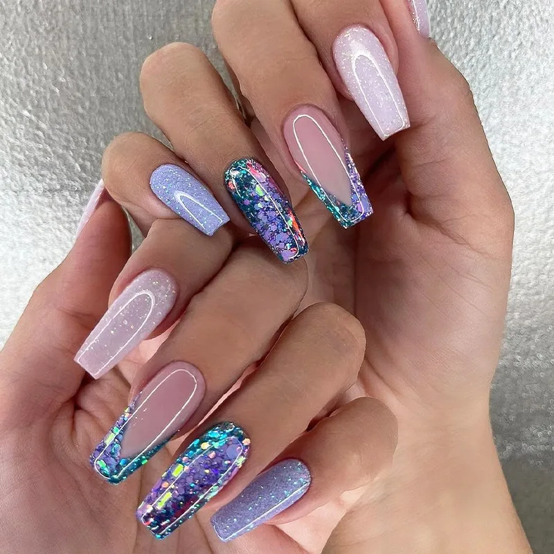 24Pcs Gradient Purple Fake Nails with Shiny Silver Sequin Design Mid-length Ballet False Nails Wearable Finished Press on Nails