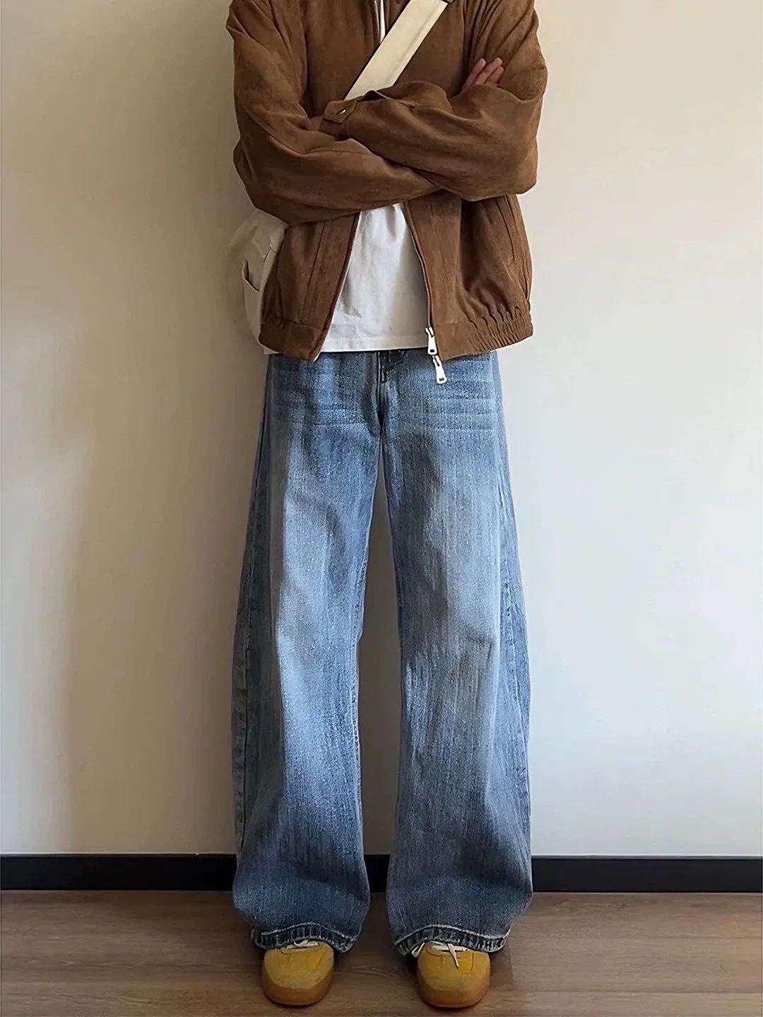 

Синие мужские джинсы с бамбуковой текстурой, весенние, прямого кроя, широкие, с высокой талией, слегка расклешенные брюки