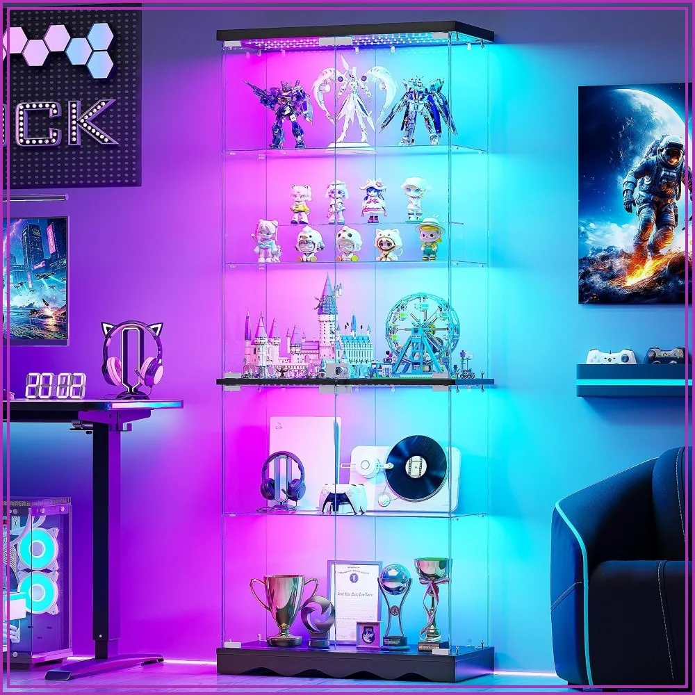 Glass Display Cabinet with Doors and Lock 65 Inch 5-Tier Black Storage Curio