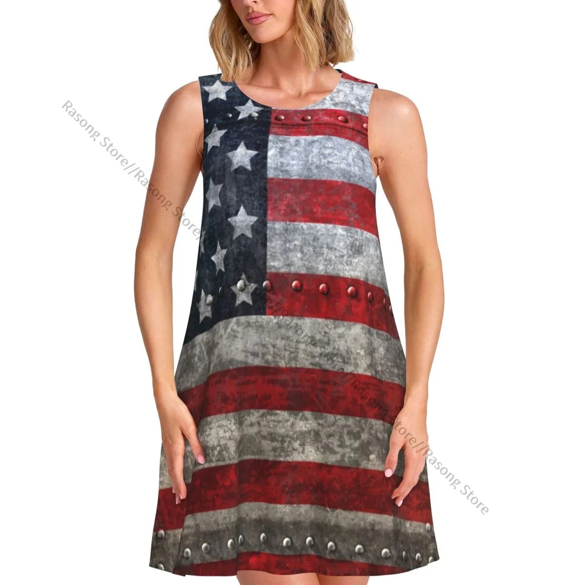 Women's Dress Vintage Usa Flag Summer Casual T Shirt Beach Cover up Tank Dress