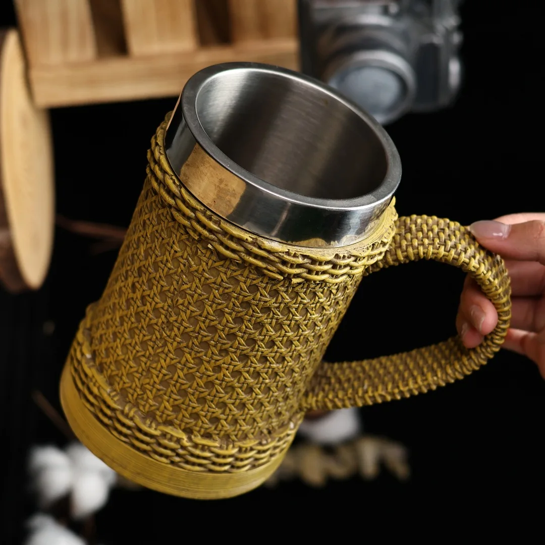 

Vintage Rattan Bamboo Woven Beer Mug Imitation Handmade Resin Stainless Steel Beer Cup Coffee Whiskey Water Cup Christmas Gift
