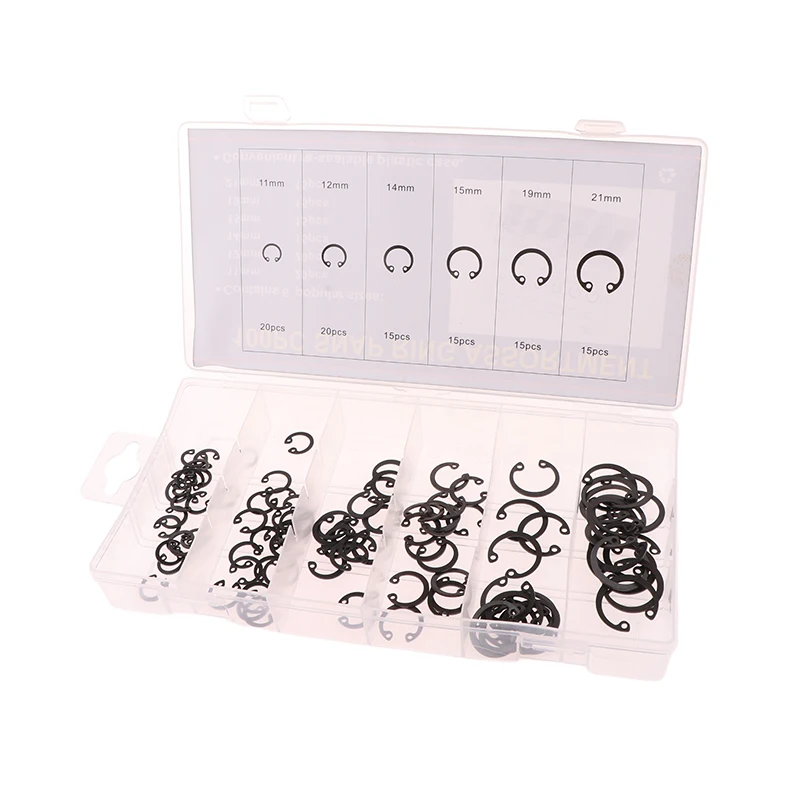 100Pcs 11-21MM Snap Ring Shop Assortment Carbon Steel C Type External Circlip Snap Retaining Clip Rings Set, 6 Sizes