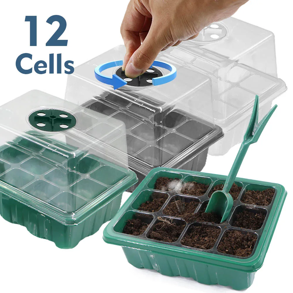 12 Cells Nursery Seedling Trays 3-color Germination Box Indoor Garden Greenhouse Growth Pots Adjustable Humidity Bottom Drainage