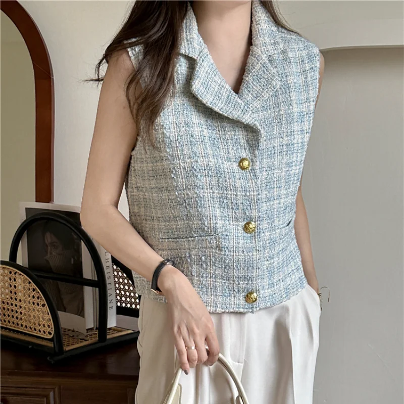 

Women Small Fragrant Suit Collar Vest Coat Fashion Sleeveless Casual Basic Korea Chic Loose French Female Tweed Vest Summer