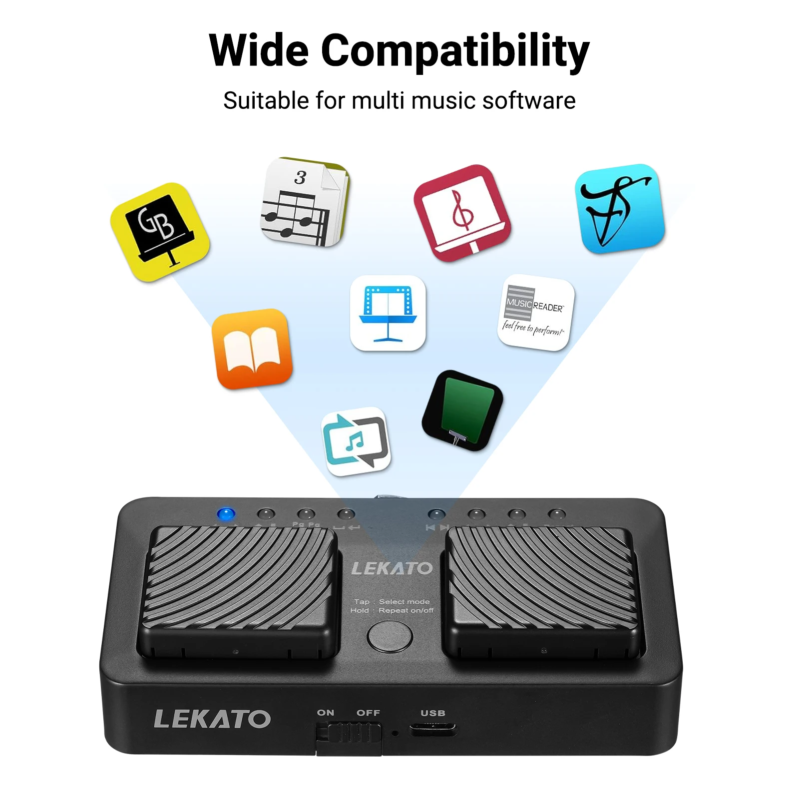 Scores Orchestral Skores Lekato Multi-Os Pedal Smart Music Assistant Pro مع الإعدادات المسبقة للتطبيق وتصميم حالة LED القابلة لإعادة الشحن