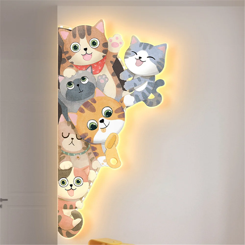 Corner Cat Painting Room Girl Mural Led Wall Lamp Children\'S Room Decoration Indoor House Corridor Sconces Living Room Lights