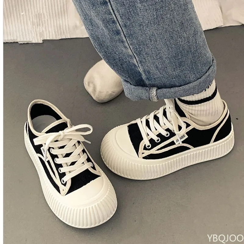 

Spring and Autumn New Fashionable Comfortable Wear Resistant Canvas Women's Shoes Flat Bottom Strap Up Biscuit Vulcanized Shoes