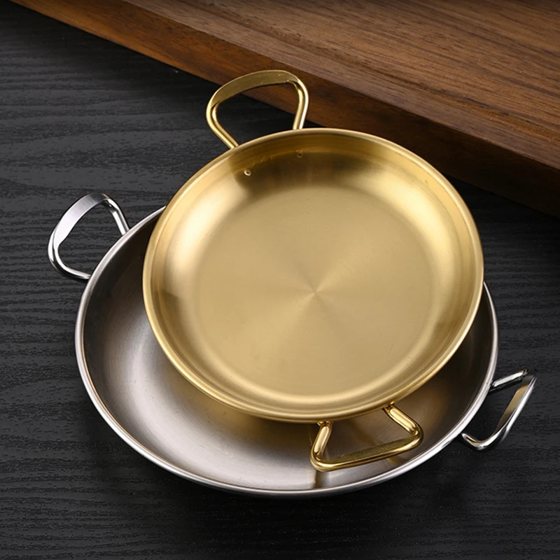 

Stainless Steel Round Plate with Handle Korean Sauce Seasoning Dish Snack Serving Tray Flat Bottom Plates Kitchen Tableware