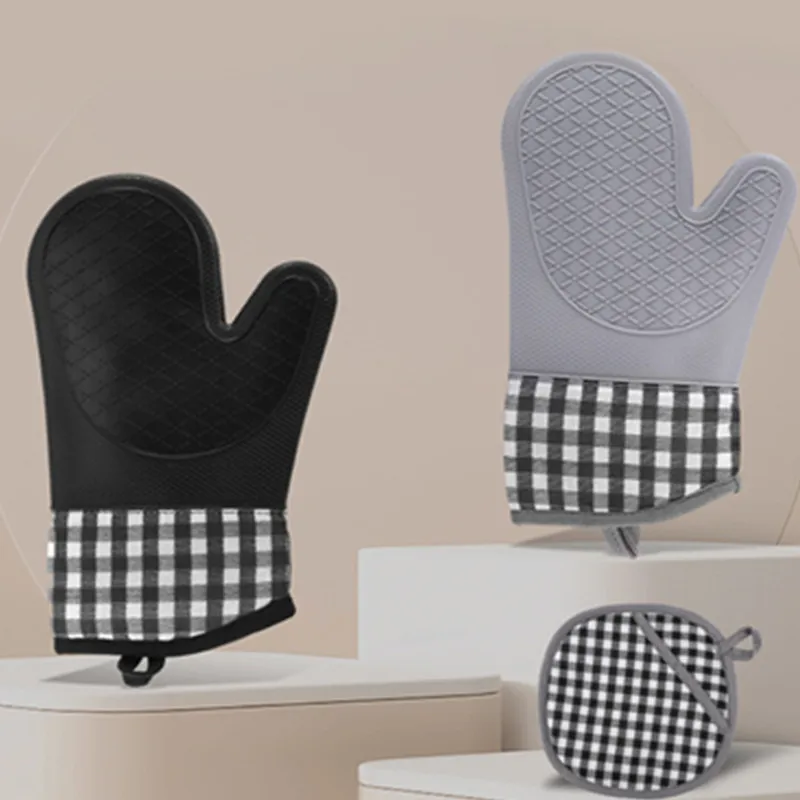 Silicone Heat-Resistant Gloves and Pad Anti-scalding Gloves with Hand Clamp Non-slip Gloves Kitchen Oven Microwave Cooking Tools