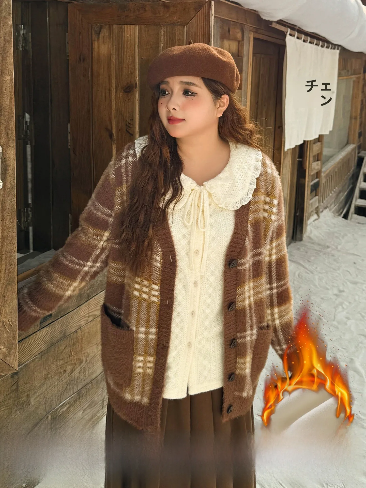 

Warmth Aosphere Large Size Women's Sweet Lace Collar Long Sve irt Plaid Sweater Coat Autumn Winter Faion Casual Loos...