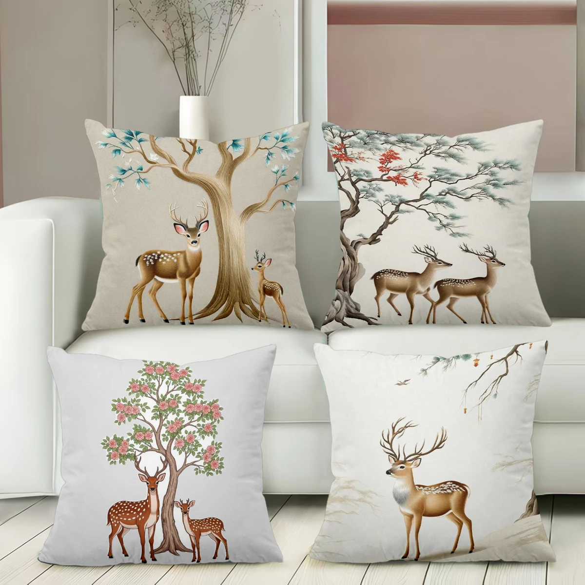 Hand-Drawn Deer and Tree Forest Scene Decorative Throw Pillow Cover 2D Printed Polyester Sofa Cushion Case for Nature Home Decor