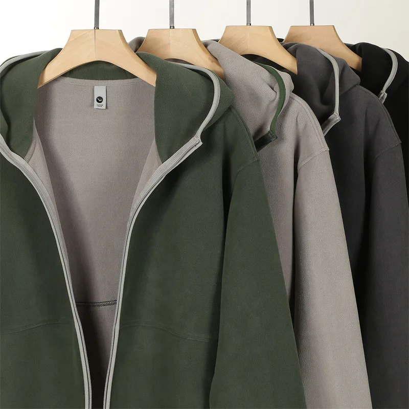 Hoodie men's outdoor fleece cardigan for warmth, winter coat with color blocking and fleece jacket, zipper hoodie