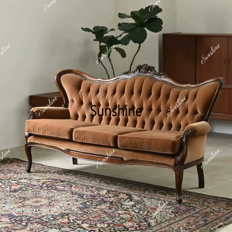 French medieval solid wood carving fabric pull button studio sofa club high back