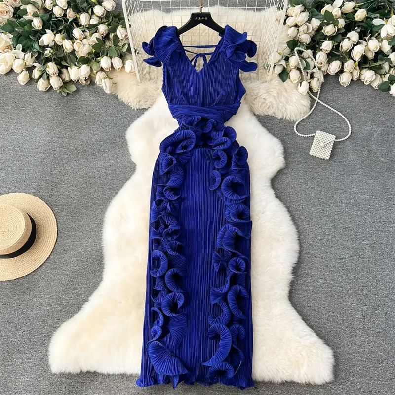 Ruffles Sleeveless Maxi Dress Women Solid O Neck Elastic Waist Fashion 2024 Ladies Summer Slim Evening Dresses