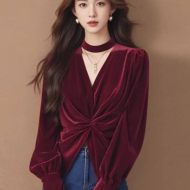 Estilo francês primavera outono com decote em v dobras designer vinho vermelho veludo topo t camisa, mulher outono moda elegnt veludo topos camisas