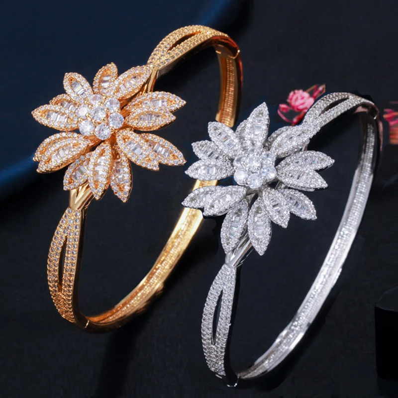 ThreeGraces cantik zirkonia kubik warna emas putih kembang api besar gelang manset terbuka untuk pengantin perhiasan pernikahan BA105