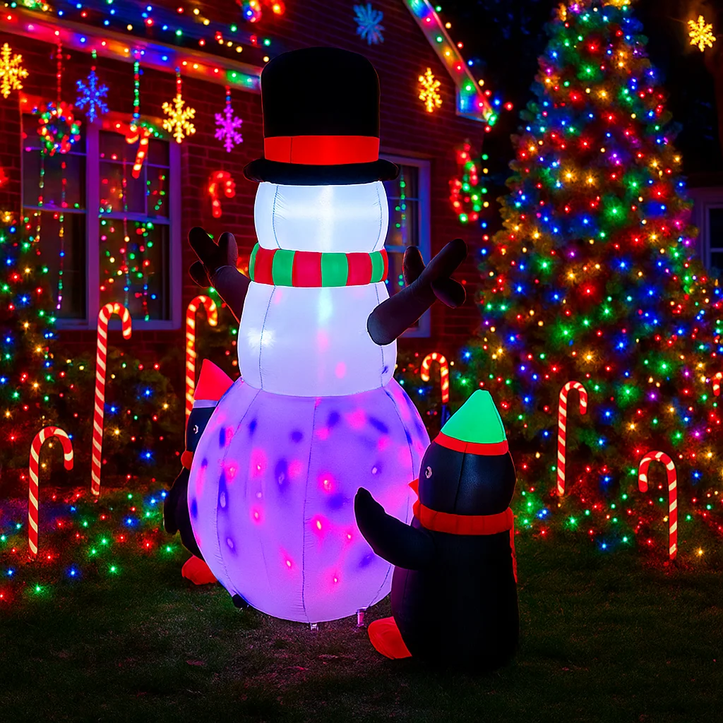 5.9FT Snowman Penguins Gift Box Inflatable Christmas Decorations Xmas Ornaments Lights Home Yard Holiday Outdoor Holiday Decor