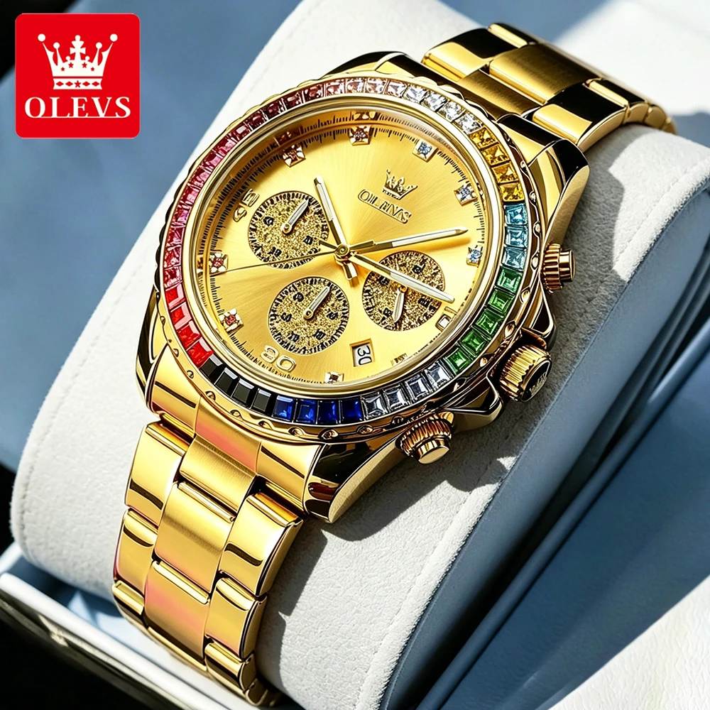

OLEVS Men's Watches Luxury Fashion Colored Zircon Bezel Chronograph Original Quartz Wristwatch Waterproof Luminous Date 2939 New