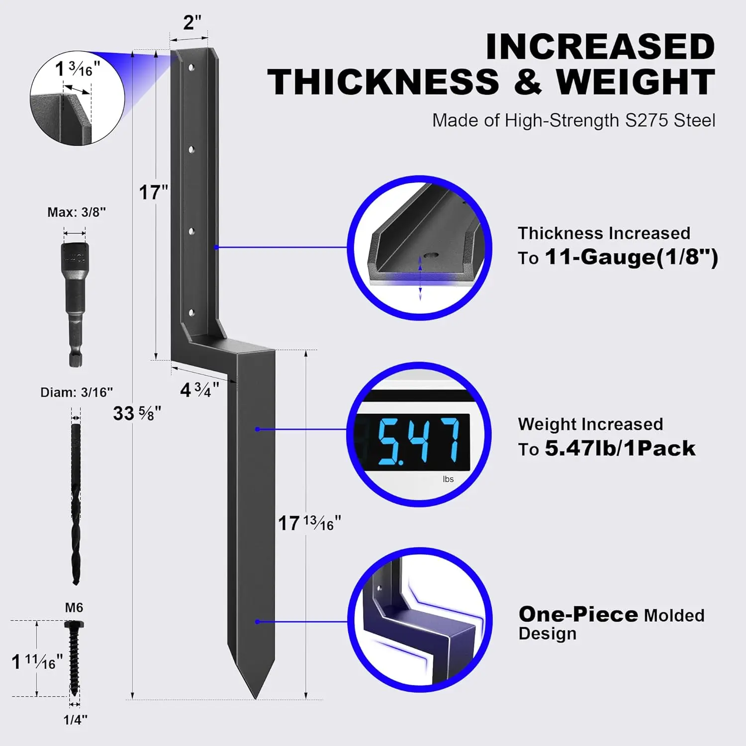 Thickened 11-Gauge Steel Fence Post Repair Kit for Broken/Leaning Wood Posts - 2-Pack