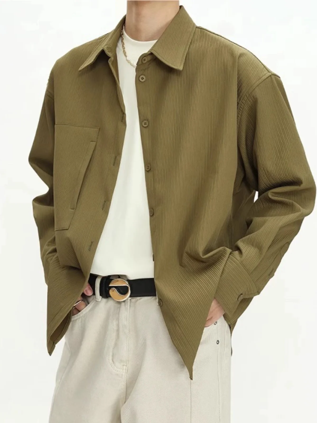 

Men's Long Sleeve Shirt Spring Autumn Textured Loose Fit Luxury Drapey Trendy Color Iron Free Casual Fashion Shirt