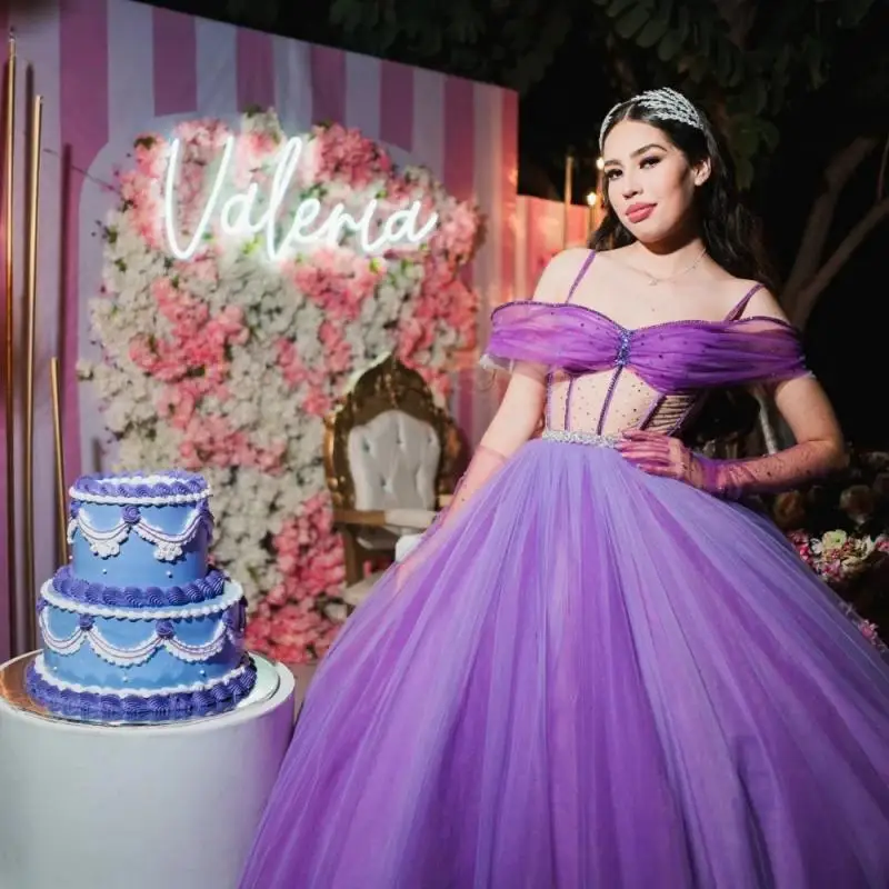 Personalizado brilhante roxo lilás quinceanera vestido de baile apliques suspensórios miçangas babados doce 16 vestido de 15 anos