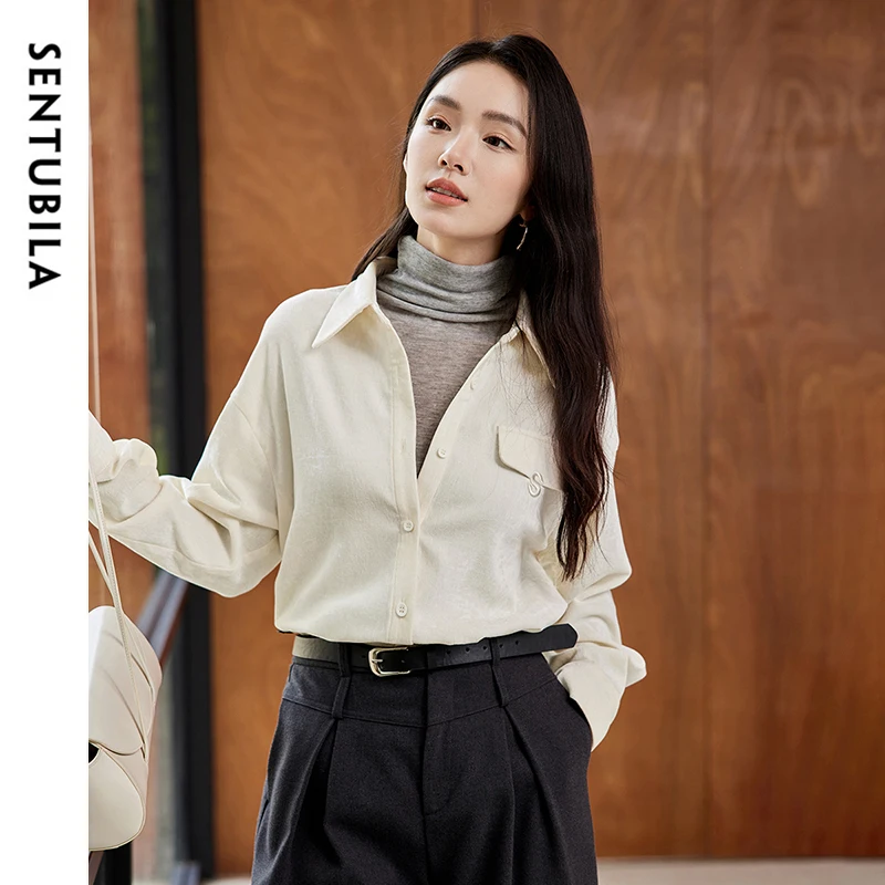 SENTUBILA Women's Upper Garment Corduroy Shirt Long Sleeve Buttons Turn Down Collar Warm Letter Embroidery Casual Coat 144C57426