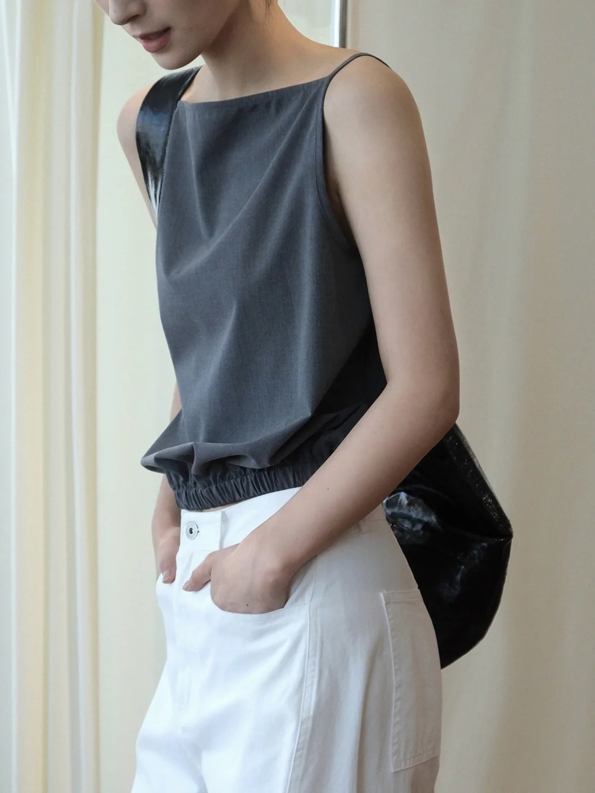 

Cropped Boat Neck Top Girls Elegant Gathered Camisole Slash Neck Tank Top S