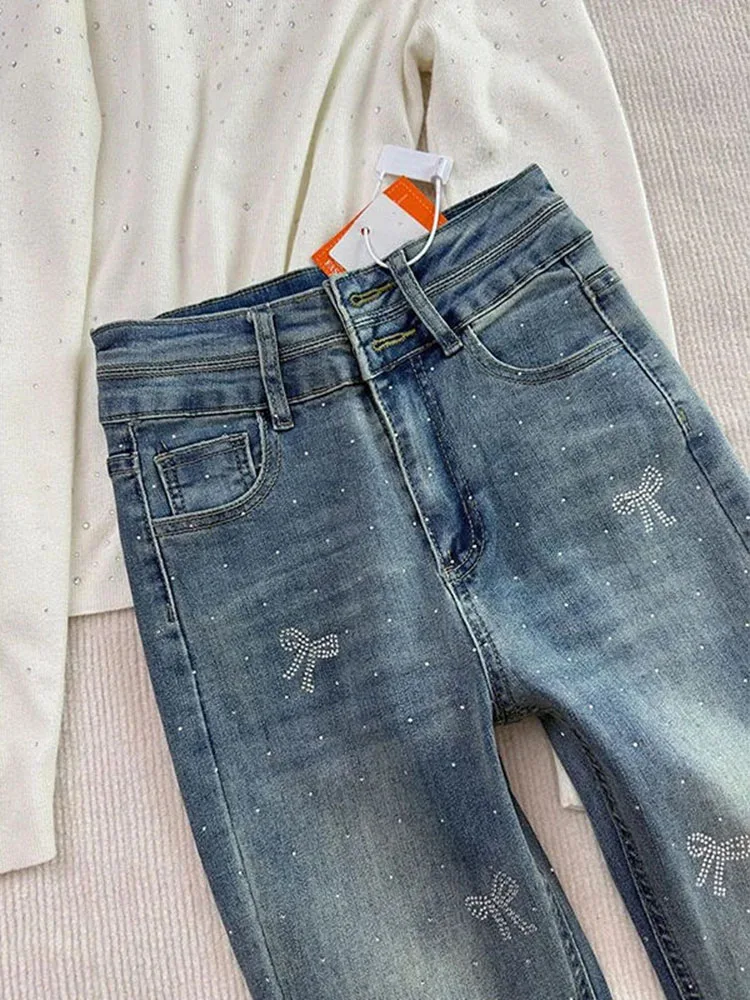 

Винтажные джинсы-клеш с бантом и стразами для женщин, в корейском стиле, модные, с высокой талией, облегающие, из денима, весна-лето, универсальные брюки