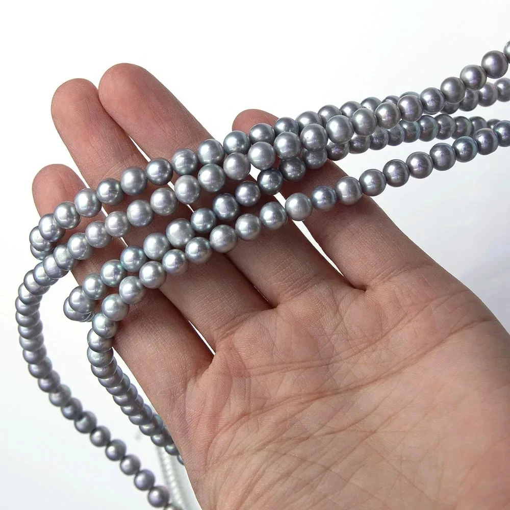 

6-7mm Grey Natural Freshwater Pearl Beads Strand Nearly Circular Semi-finished Material for Making DIY Necklace Bracelet 1Strand