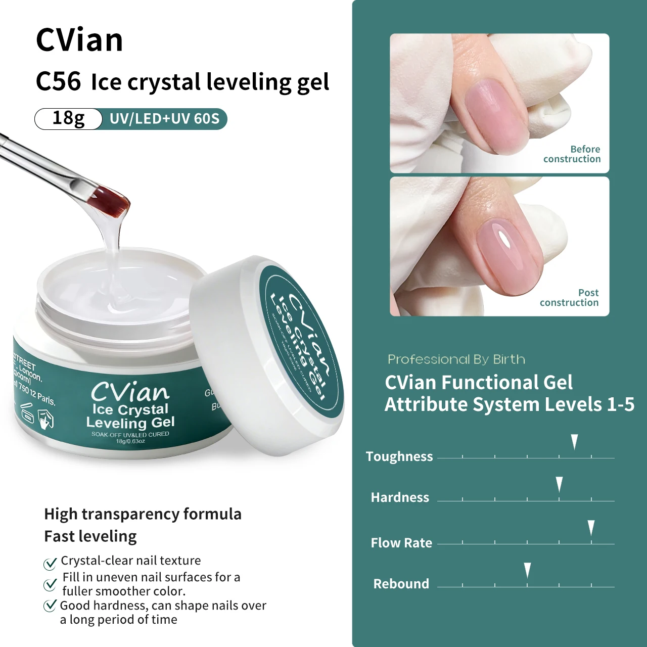 

18 г Самовыравнивающийся гель «Ледяной кристалл», гель для наращивания ногтей, укрепляющая формула, высокая прозрачность и твердость