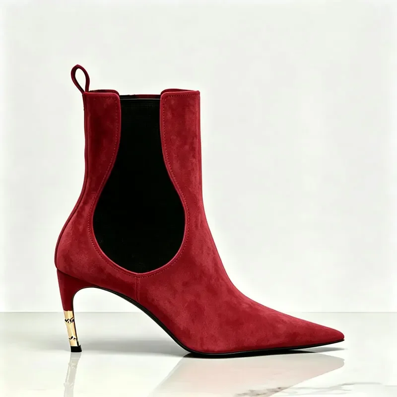 2026 New Low Heel Knee High Boots with Pointed Kitten Heels and Elastic Fabric Autumn and Winter Fashionable Mid Length Boots