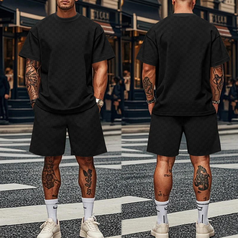 2024 New For Man Summer Jacquard PJlaid Short Sleeve T-shirt Fashion Sports Set Breathable T-shirt + Shorts Sports Two-piece Set