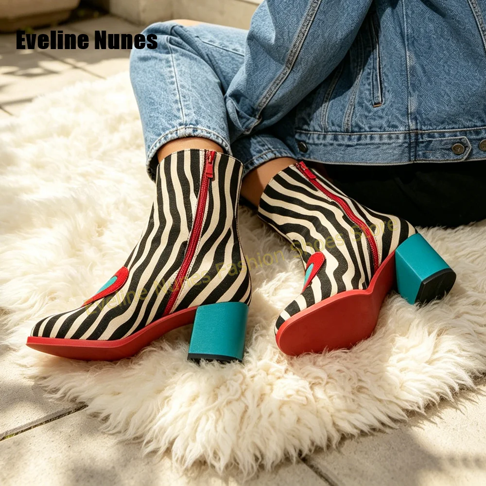 Women Zebra Stripe Ankle Boots Color Block Heart Patch Block Heel Side Zipper Retro Fashion Party Streetwear Short Boots 2026 - view 2